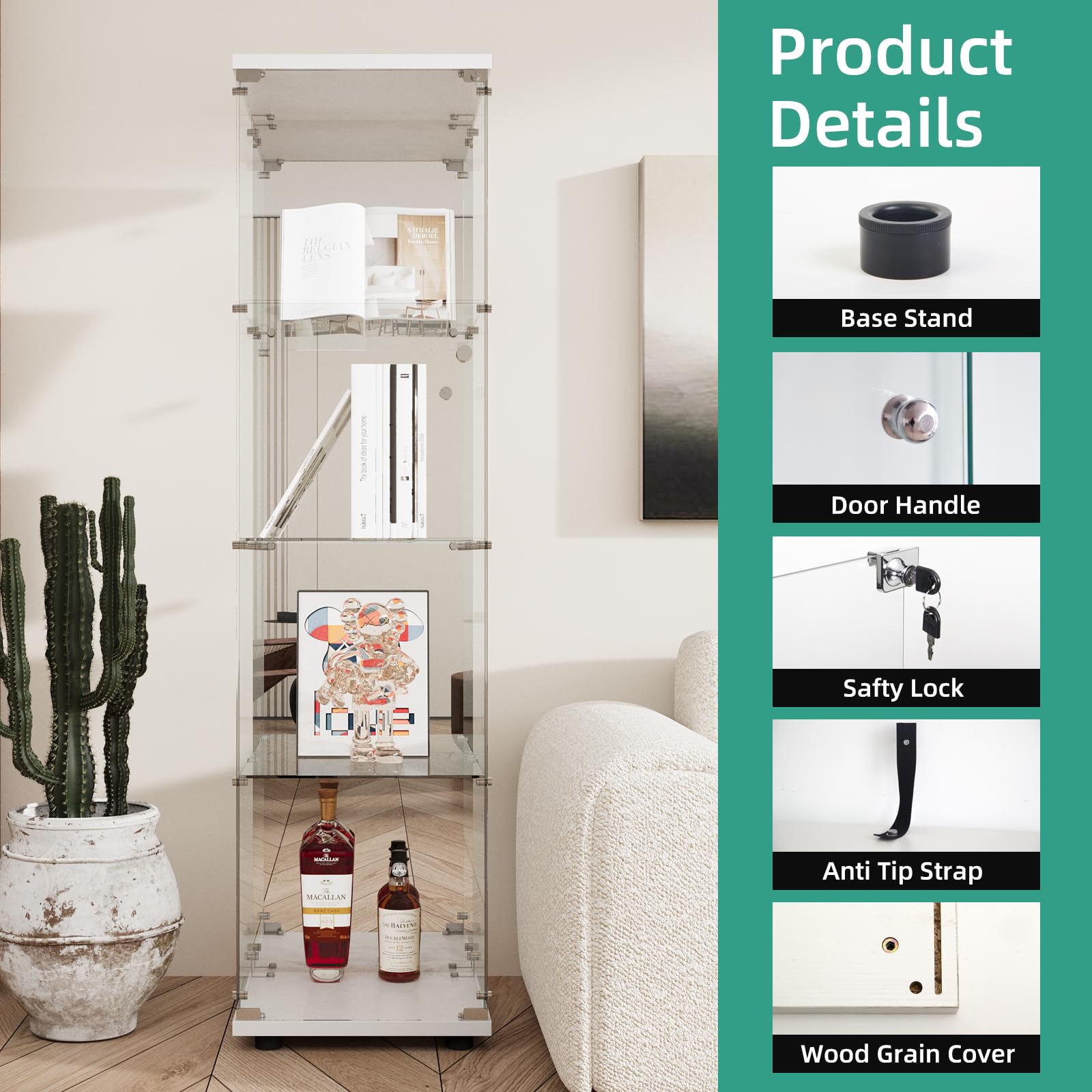 Beauty4U Glass Display Cabinet With Mirror Back Panel, 4 Shelves, Curio Cabinets For Living Room, Bedroom, Office, White Floor Standing Glass Bookshelf, Quick Installation